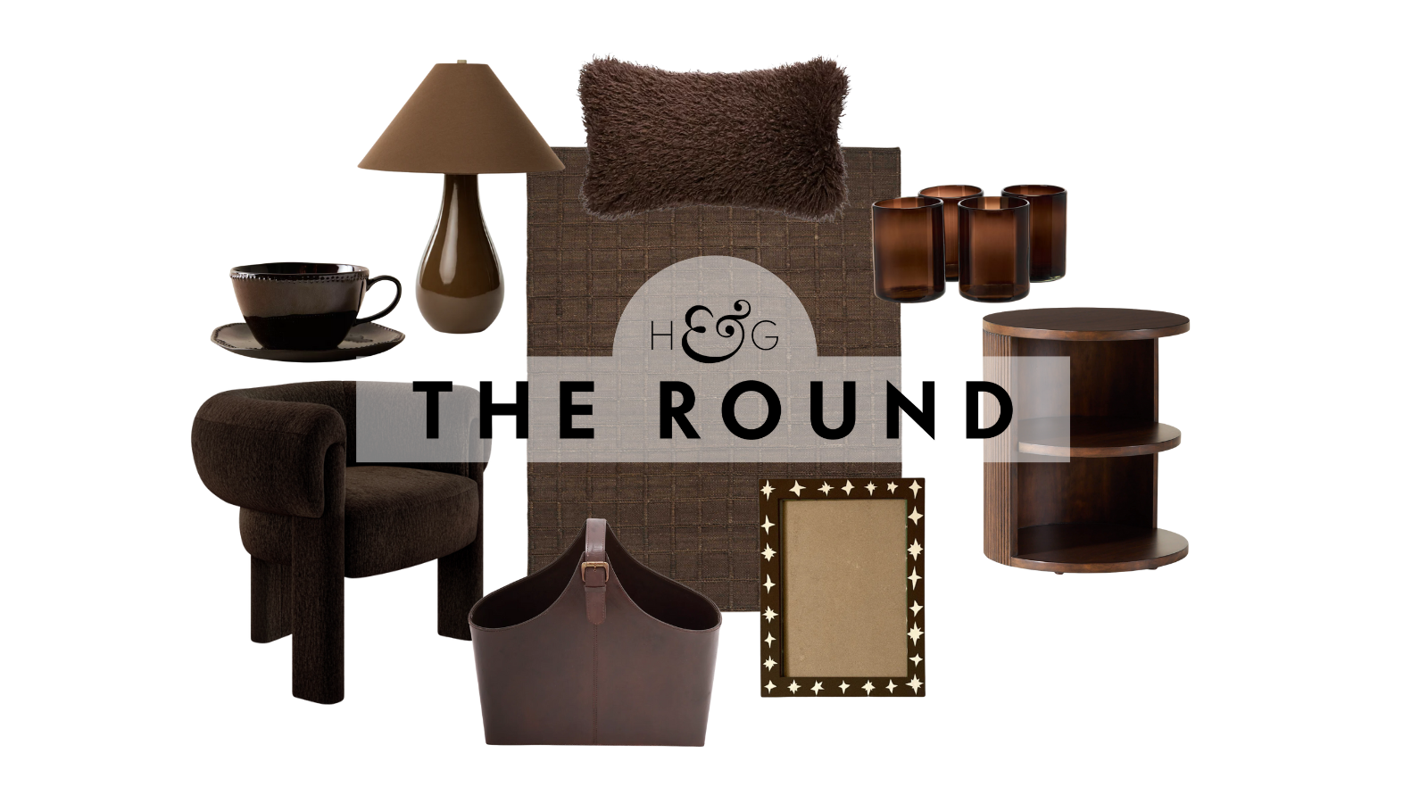 an assortment of chocolate brown decor