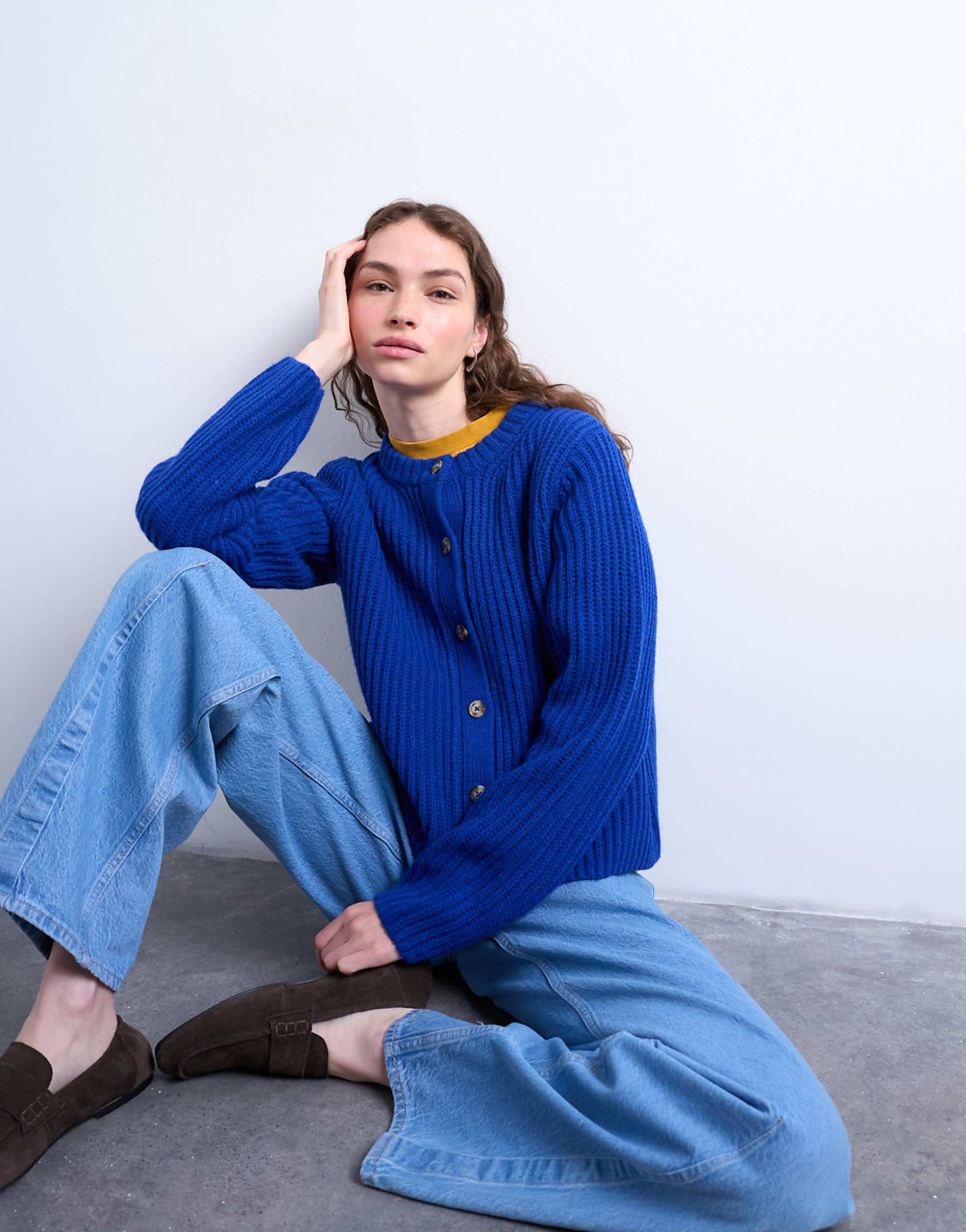 Topshop Knit Ribbed Crew Relaxed Button Cardigan in Blue