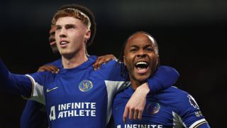 Raheem Sterling of Chelsea celebrates ahead of the Chelsea vs Newcastle Carabao Cup quarter final 2023