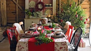 rustic festive dining room with table dressed for a woodland Christmas party theme idea