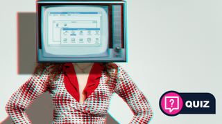 Woman with monitor on her head showing Windows 3.1 screenshot
