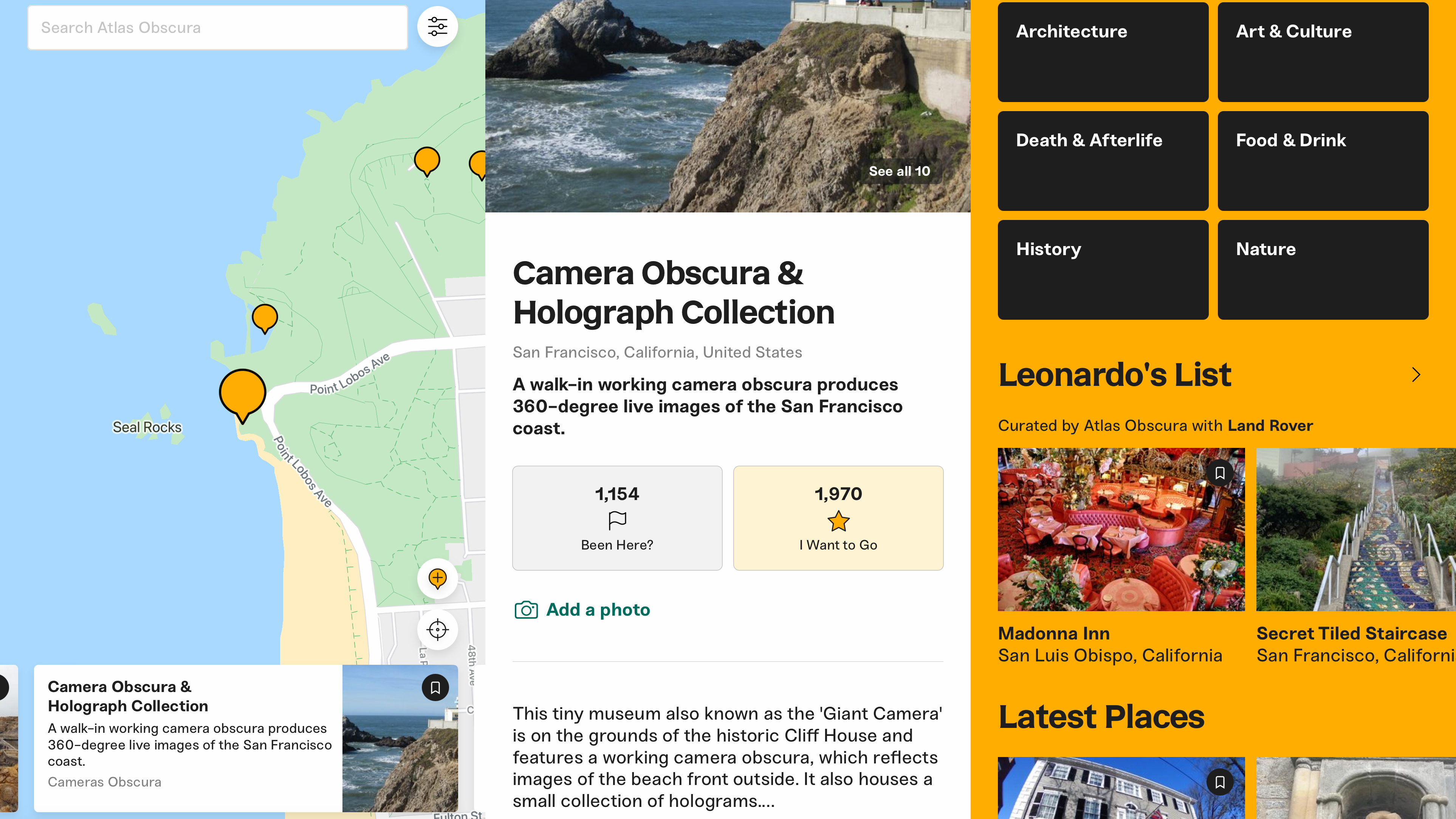 Screenshots showing Atlas Obscura Travel Guide