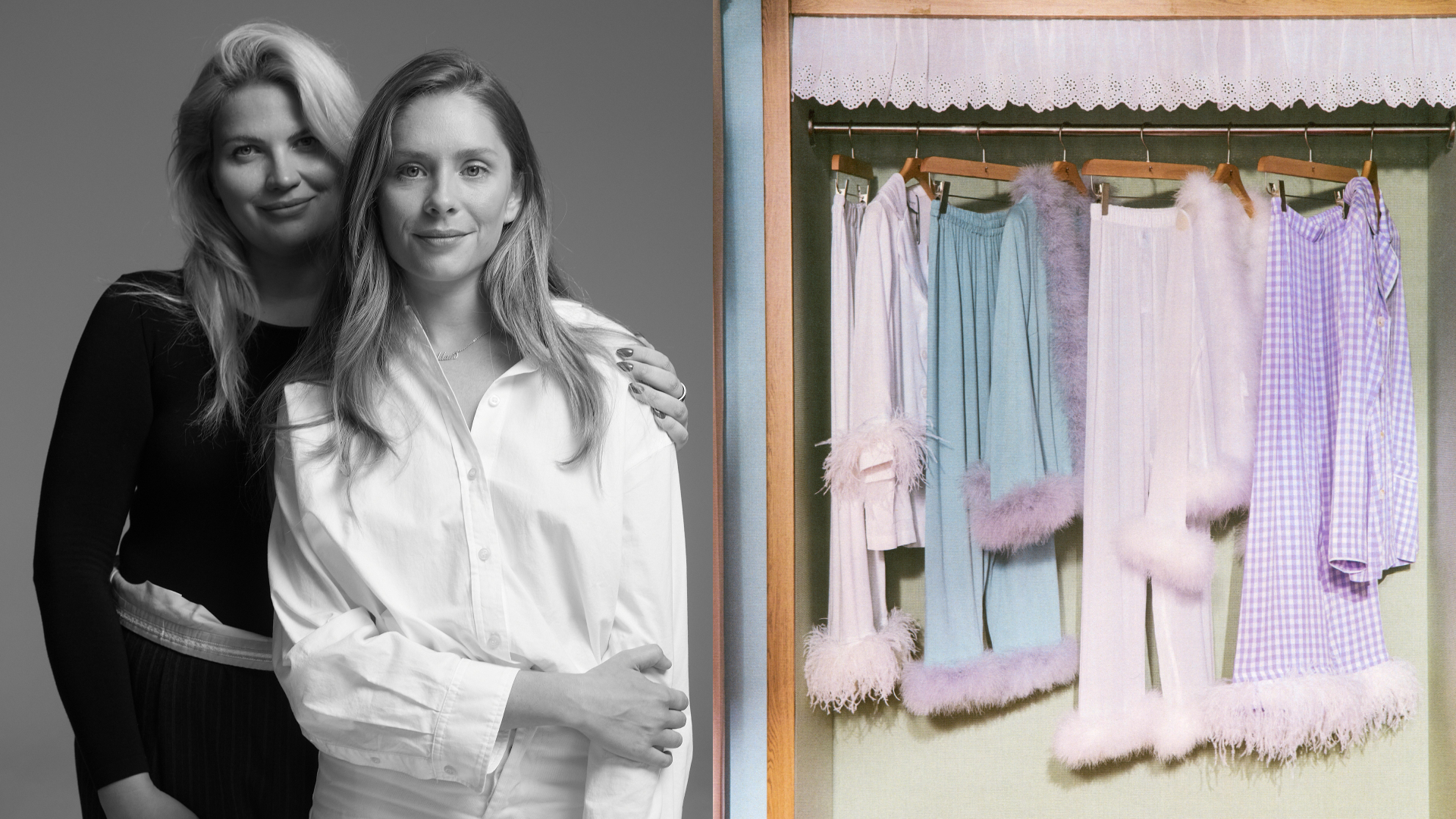 sleeper's co-founders standing next to a rack of pajamas in their Kyiv, Ukraine, store