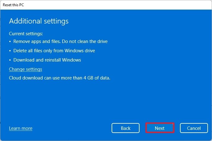Reset this PC settings