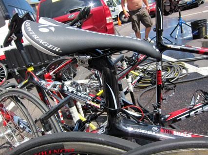 RadioShack team leader Levi Leipheimer runs an unusually generous amount of setback on his Trek Madone.