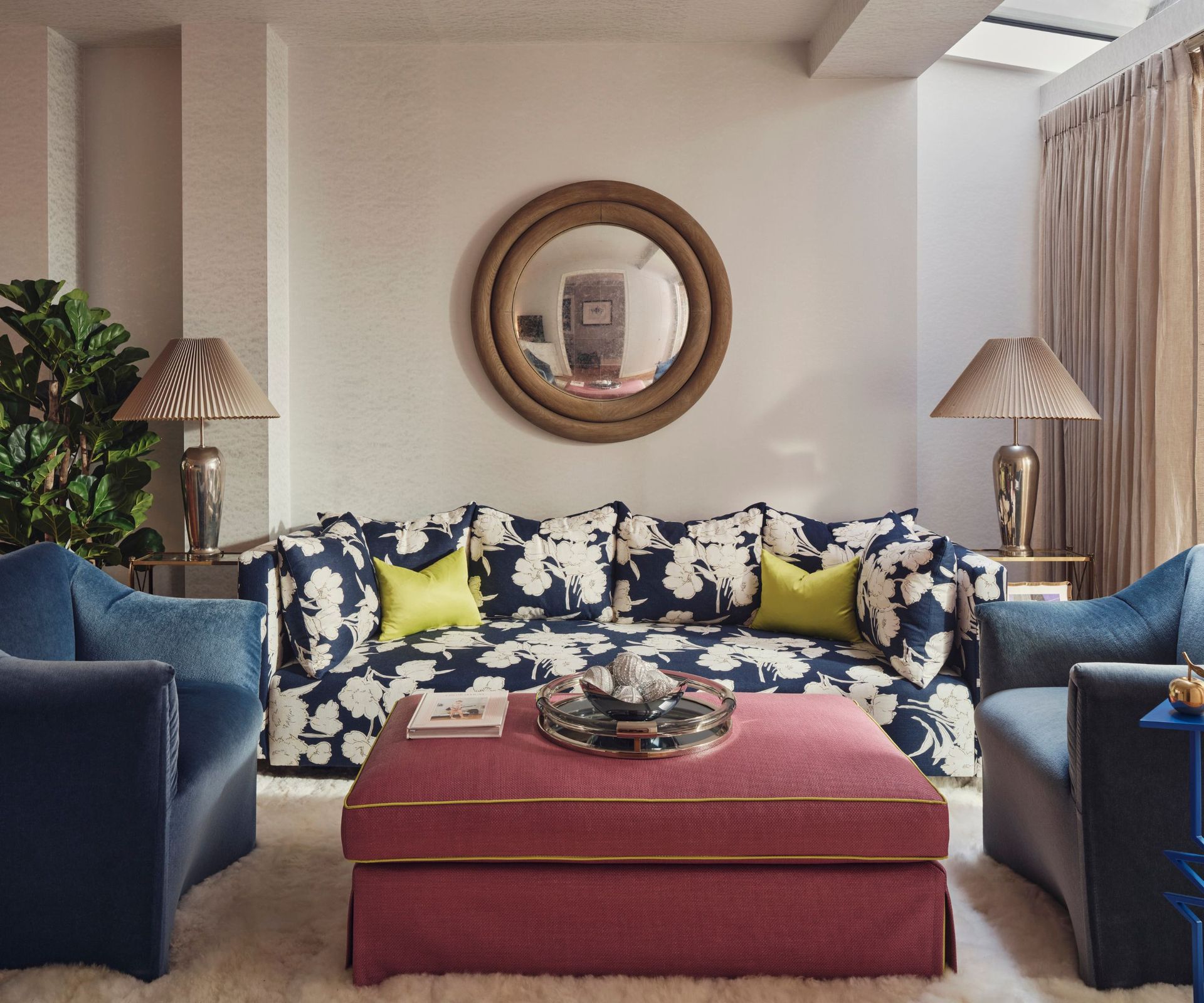 Blue and white flower sofa, red footstool