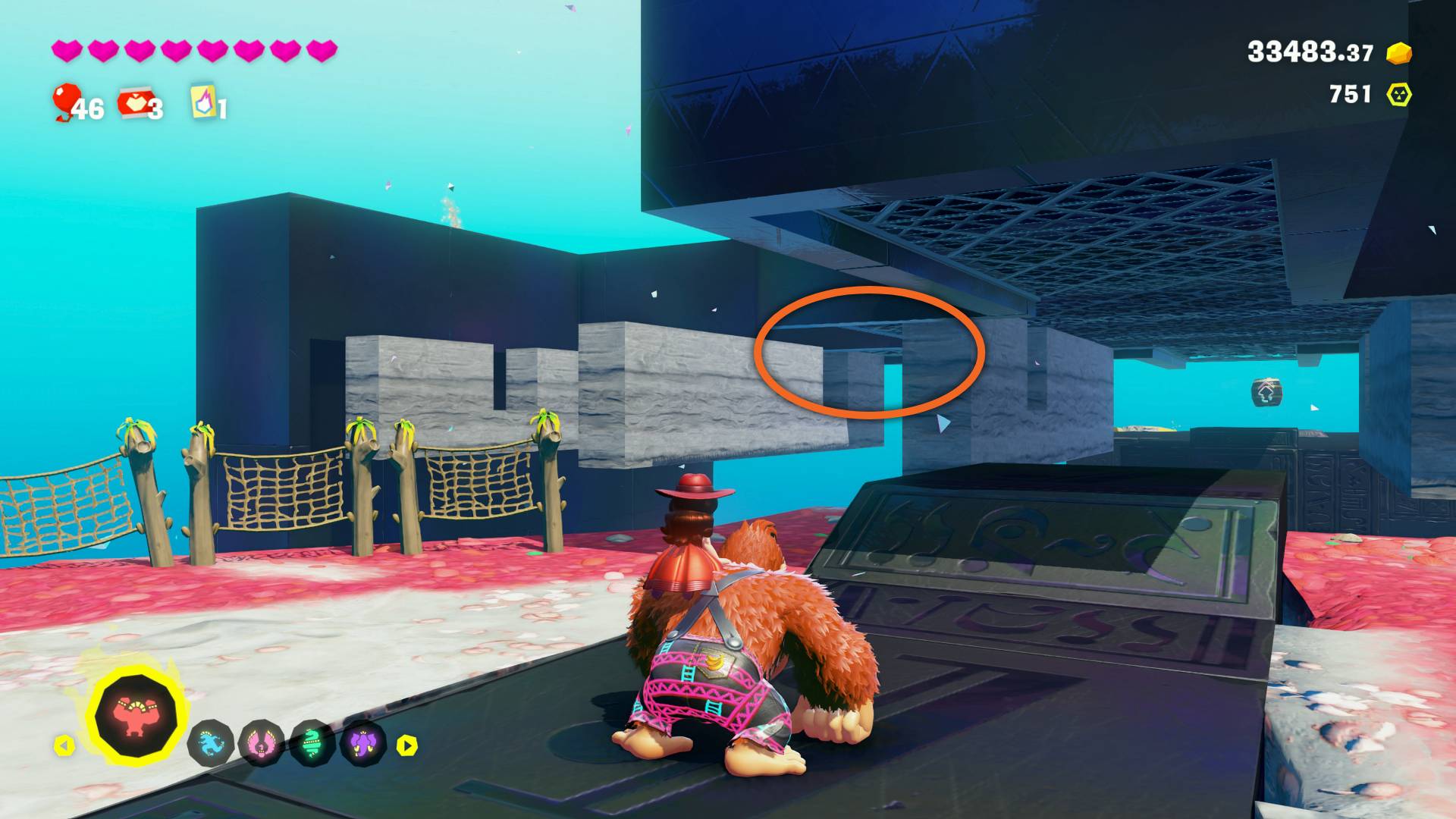 Donkey Kong Bananza Hanging on Roof Road challenge course secret path circled