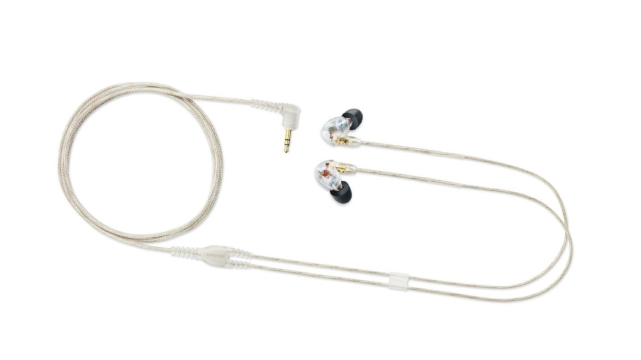 The Shure SE425 in-ear monitors in white, showing the earbuds, cable and connection.