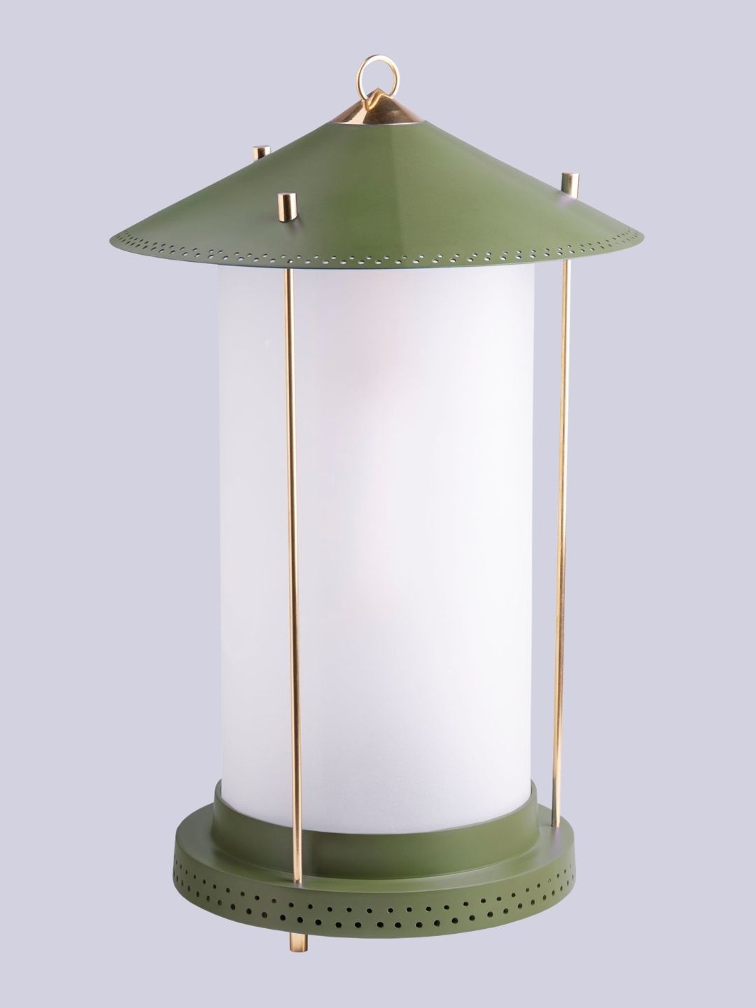 a sage green lantern on a light purple background.