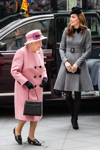 Kate Middleton favorite outfit - Queen Elizabeth II and Catherine, Duchess of Cambridge visit King's College London on March 19, 2019 in London, England to officially open Bush House, the latest education and learning facilities on the Strand Campus
