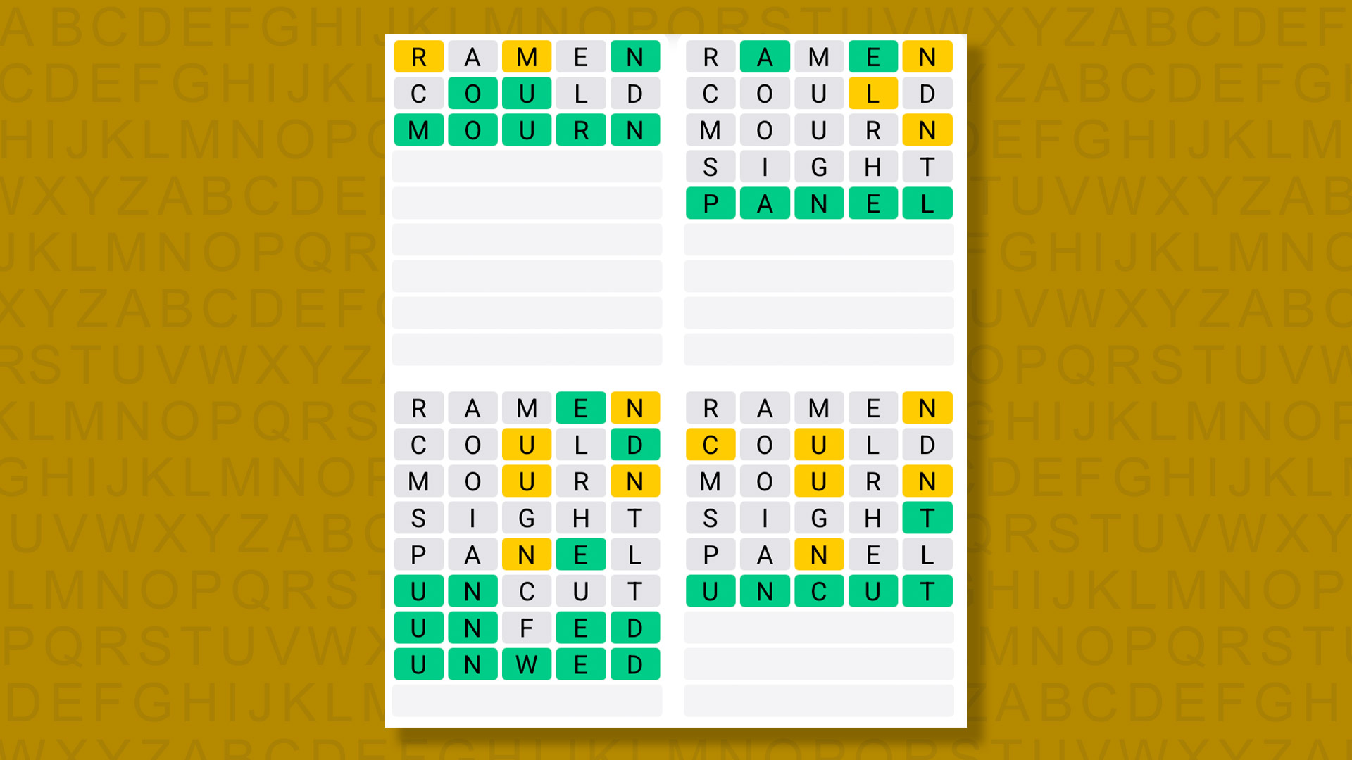 Quordle answers for game 1402 on a yellow background