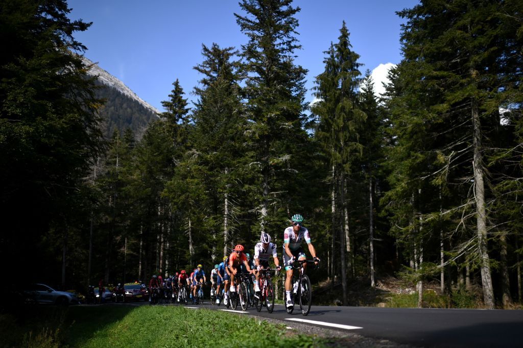 Escapees ride during the 16th stage of the 107th edition of the Tour de France cycling race 164 km between La Tour du Pin and VillarddeLans on September 15 2020 Photo by Marco BERTORELLO AFP Photo by MARCO BERTORELLOAFP via Getty Images