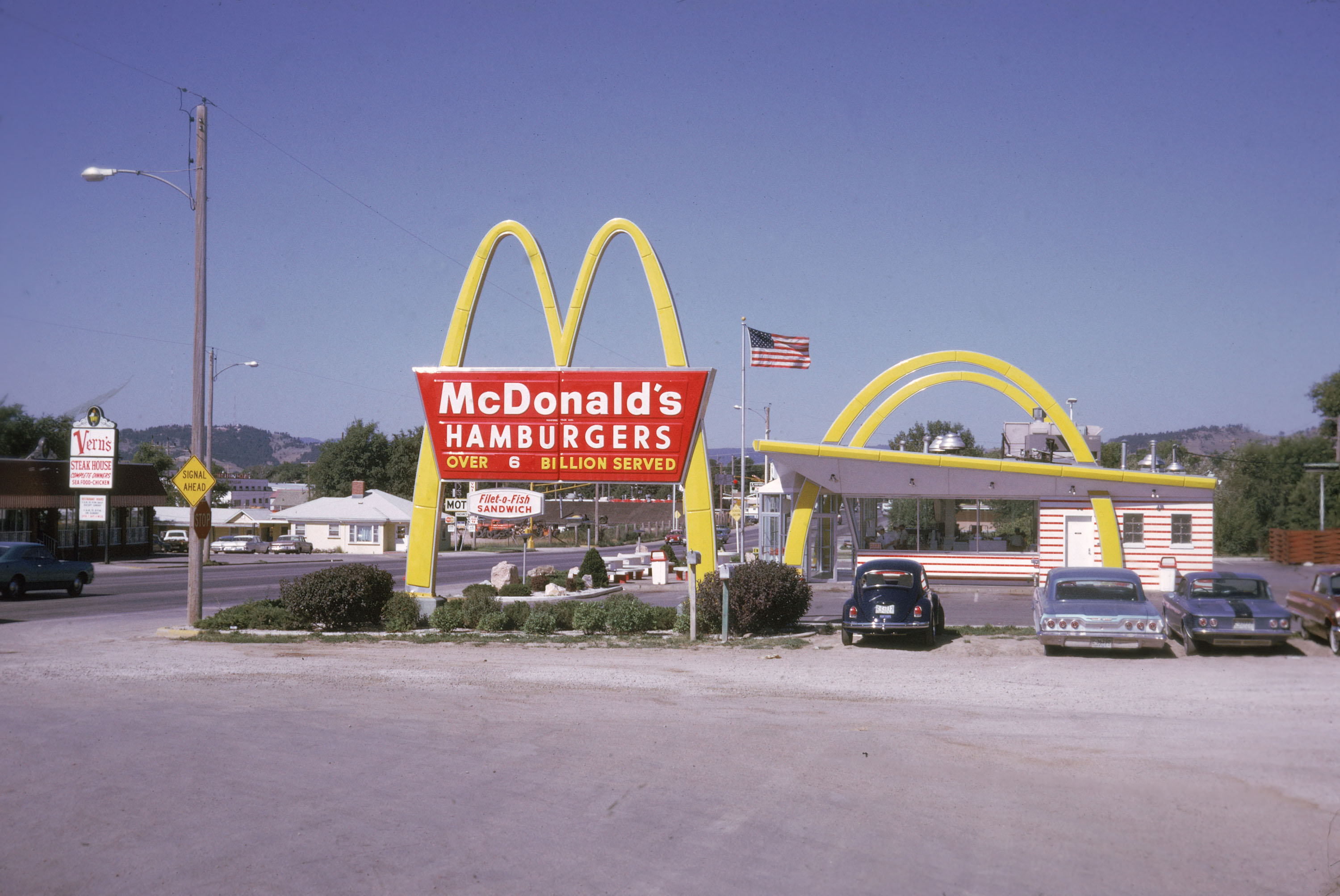 The exterior of a McDonald's fast food restaurant, USA, August 1970. The location of the outlet is possibly on Interstate 90 in Rapid City, South Dakota. (Photo by Hulton Archive/Getty Images)