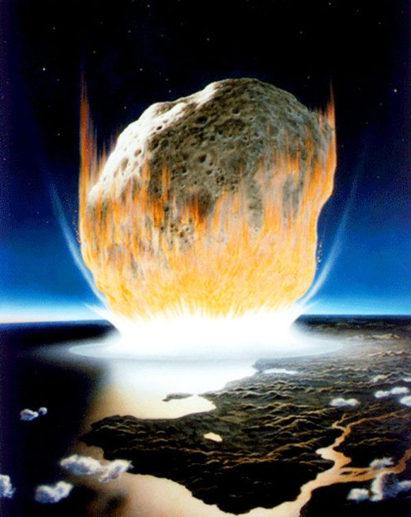 An artist&#039;s depiction of the asteroid impact that wiped out the dinosaurs.