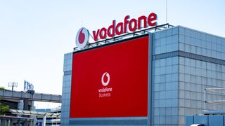 The advertising banner / video wall of the mobile phone company Vodafone's business segment in Dusseldorf, Germany