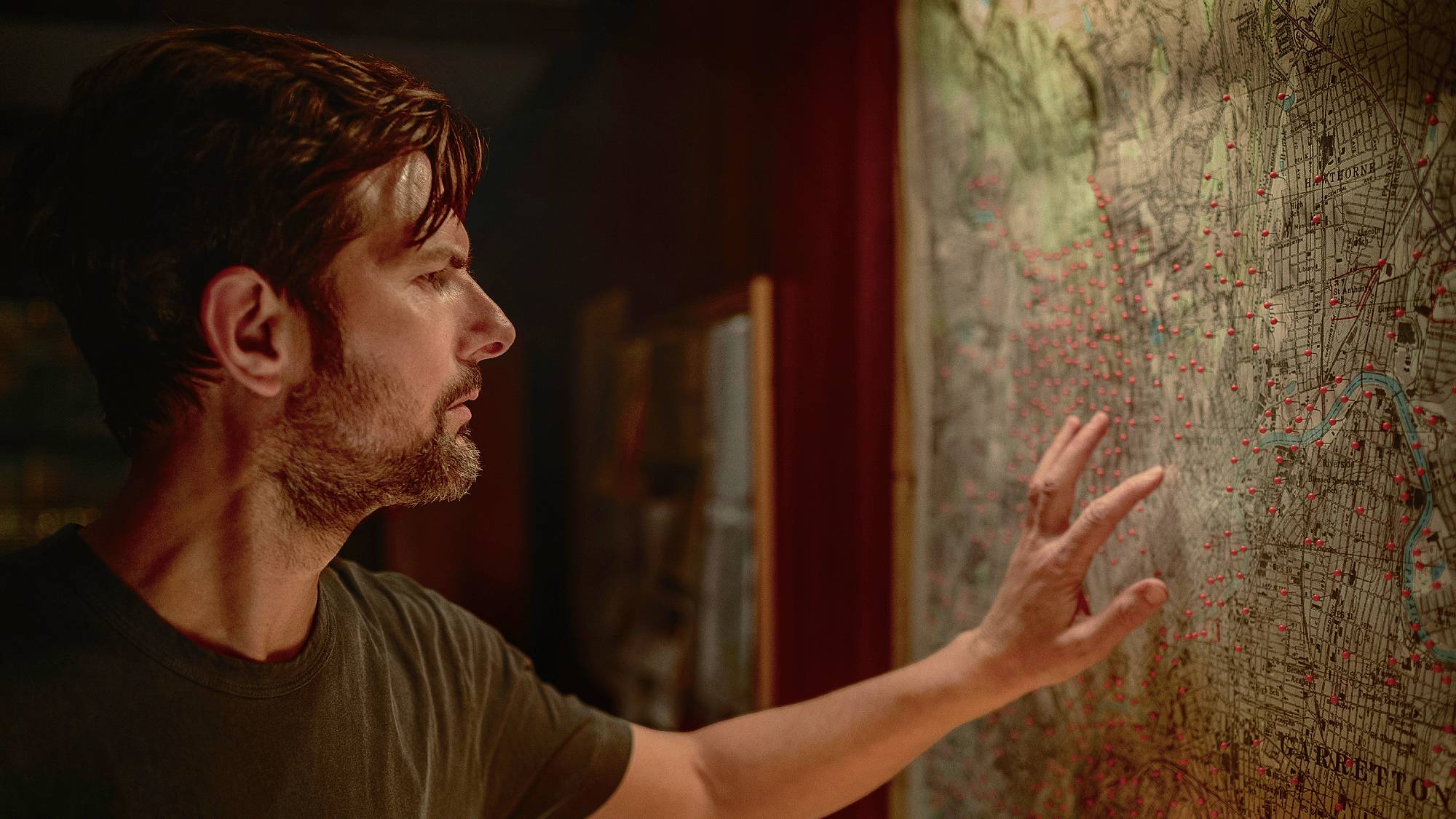 Adam Scott as Tom Kennedy in "The Whisper Man" on Netflix