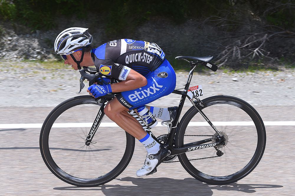 Julian Alaphilippe tucked in on a descent