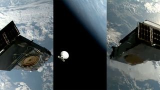 three panes showing scenes of spacecraft after they were deployed into Earth orbit