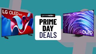 LG OLED C4 on left and Samsung S95D on right with Prime Day deals badge in centre and teal backdrop