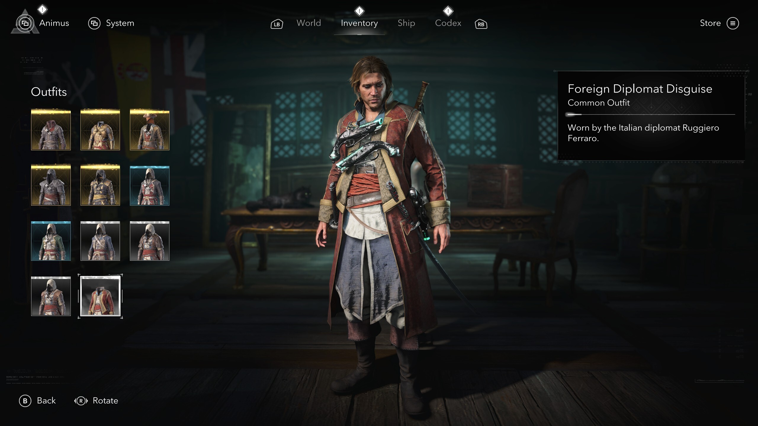 Black Flag outfit: The Foreign Diplomat Disguise shown in the menu.