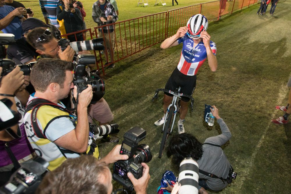 Jeremy Powers (Rapha) gets mobbed after the race