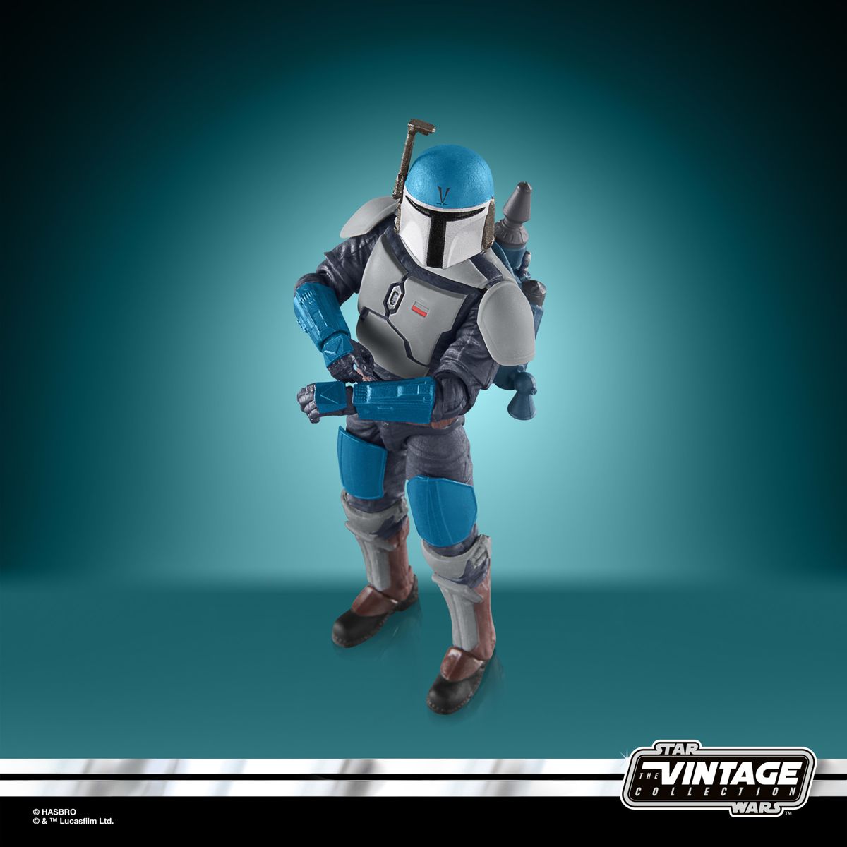 The Mandalorian Fleet Commander action figure on a blue and black background