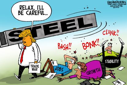 Political cartoon U.S. Trump trade war tariffs steel industry