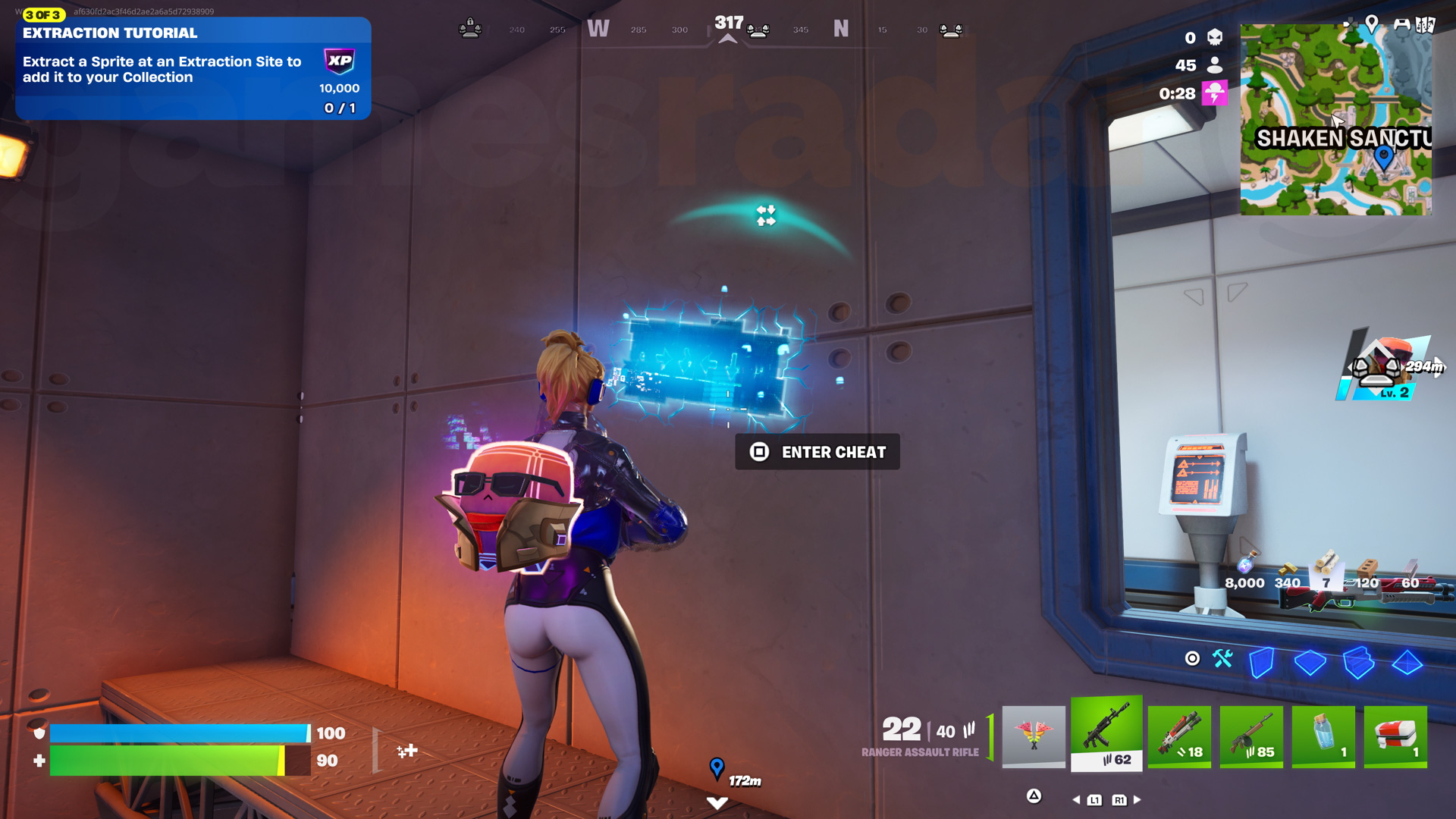 Interacting with one of the Fortnite Cheat Codes glowing on a wall to enter cheat