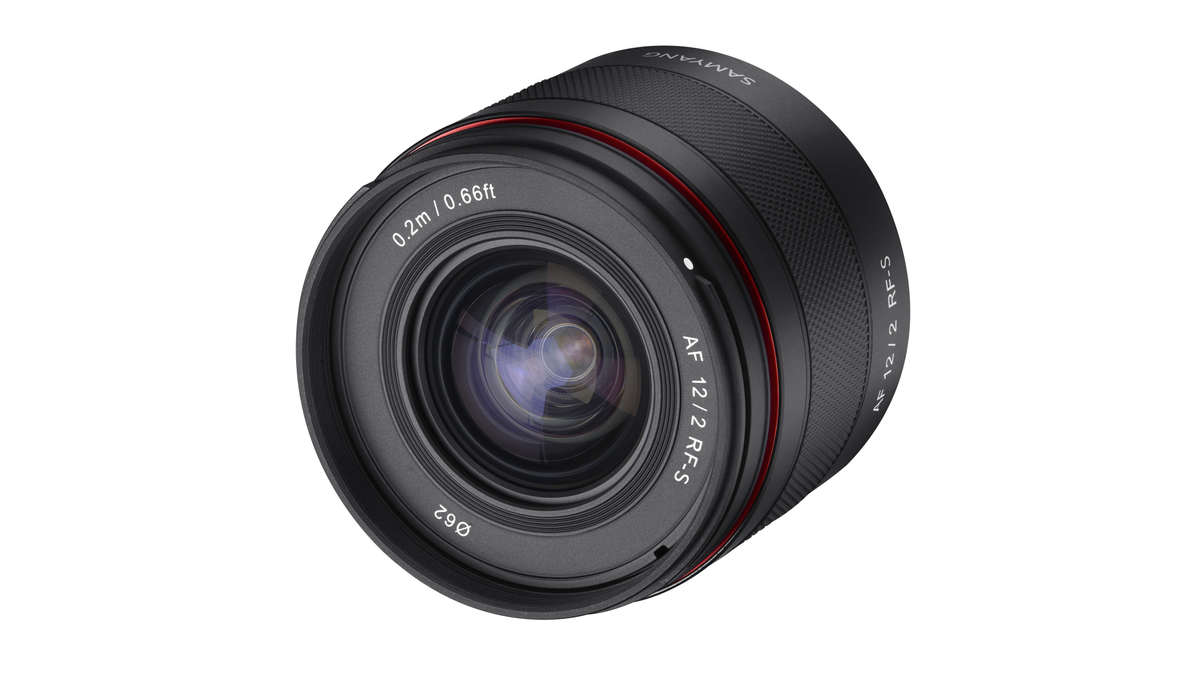 Samyang AF 12mm f/2 RF-S product shots on a white background