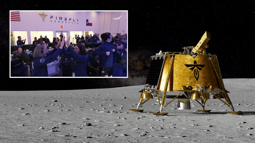 A black and gold moon lander on the gray lunar surface with an inset of happy engineers celebrating