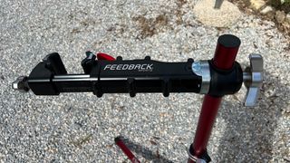 Close up of the Feedback Sports Pro Mechanic bike stand clamp mech