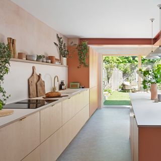 kitchen with peach walls, plants on shelves and doors leading to the garden