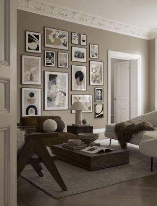 A living room drenched in taupe tones