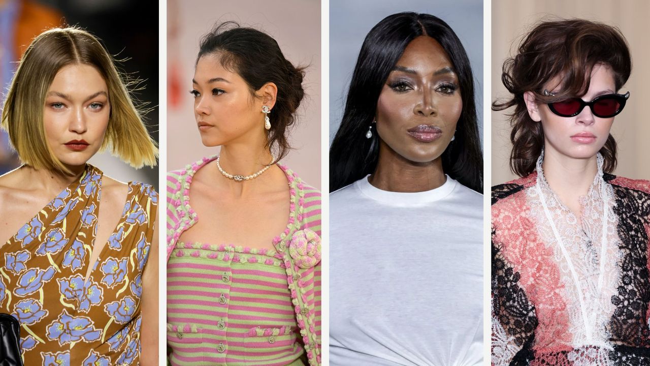 A collage of the best Spring/Summer 25 Fashion Month beauty looks from the runways