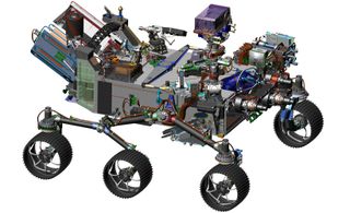 Computer-generated image of NASA's Mars 2020 rover. The design leverages many features of the Curiosity robot now working on the Red Planet, but adds new science instruments and a sampling system to carry out the new objectives for the mission.