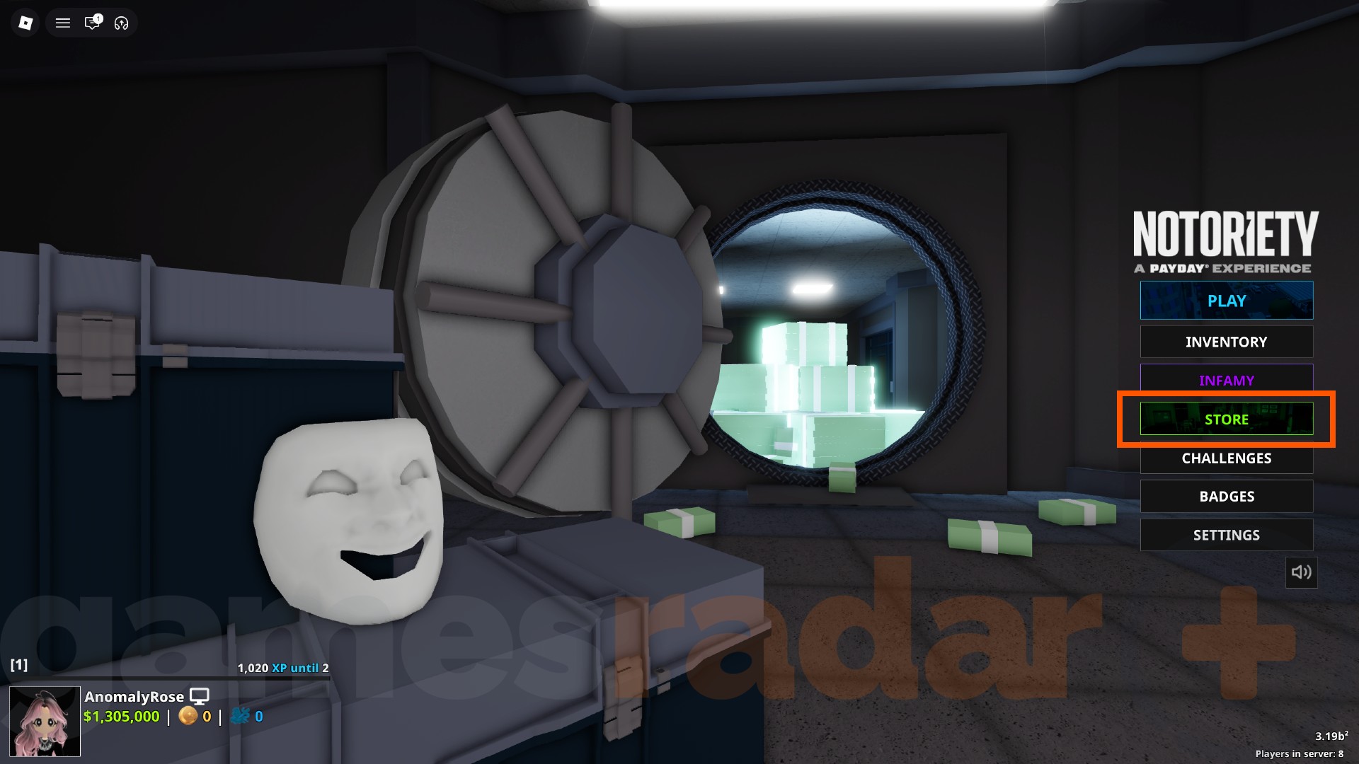 The main menu in Notoriety, a Payday experience, from which you can redeem codes.