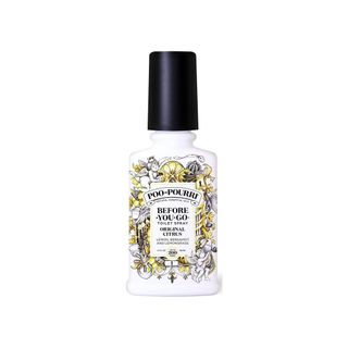 Poo-Pourri Before-You- go Toilet Spray in small white bottle with yellow flower pattern on