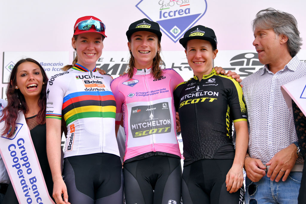 UDINE, ITALY - JULY 14: Podium / Anna Van Der Breggen of The Netherlanda and Boels Dolmans Cycling Team / Annemiek Van Vleuten of The Netherlands and Team Mitchelton Scott Pink Leader Jersey / Amanda Spratt of Australia and Team Mitchelton Scott / Celebration / Miss / Hostess / during the 30th Tour of Italy 2019 - Women, Stage 10 a 120km stage from San Vito al Tagliamento to Udine 138m / Giro Rosa / #GiroRosa / @GiroRosaIccrea / on July 14, 2019 in Udine, Italy. (Photo by Luc Claessen/Getty Images)