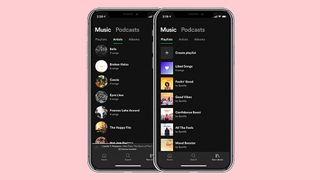 Two phones with the Spotify app open on their screens with a pink background.