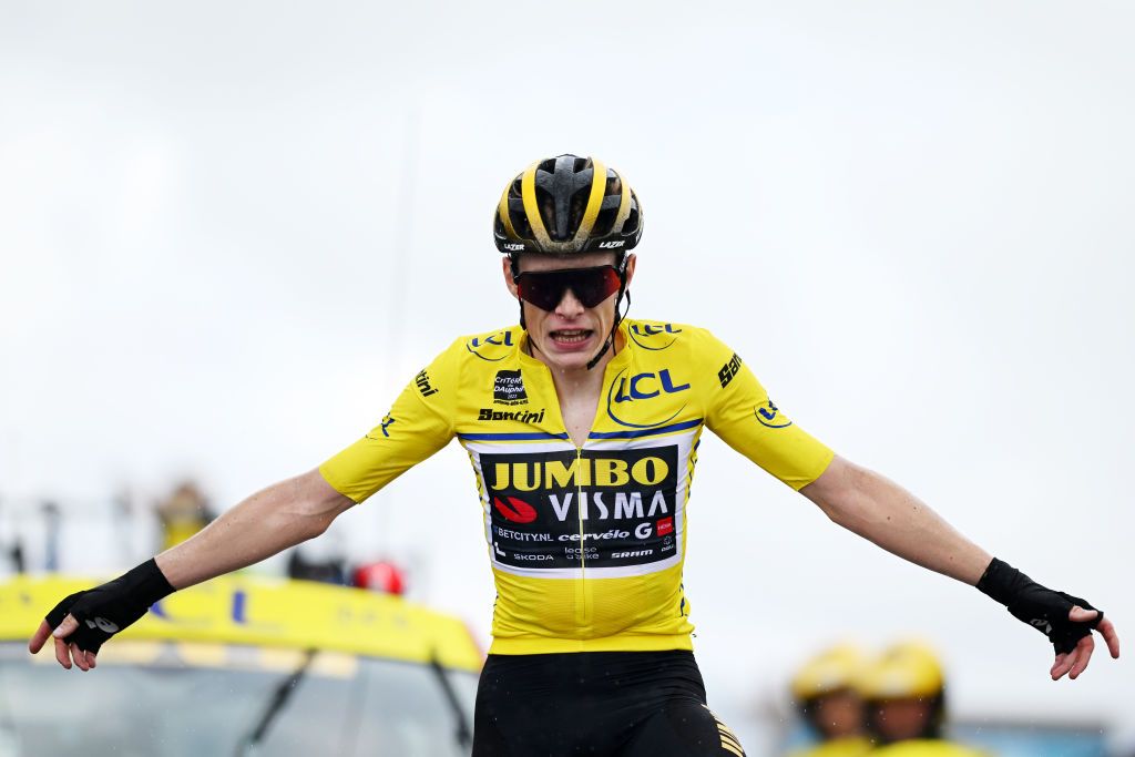 COL DE LA CROIX DE FER FRANCE JUNE 10 Jonas Vingegaard of Denmark and Team JumboVisma Yellow Leader Jersey celebrates at finish line as stage winner during the 75th Criterium du Dauphine 2023 Stage 7 a 1479km stage from PortedeSavoie to Col de la Croix de Fer 2067m UCIWT on June 10 2023 in Col de la Croix de Fer France Photo by Dario BelingheriGetty Images