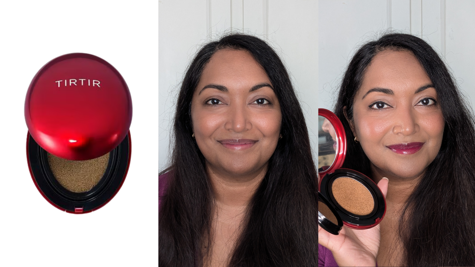 Collage of the TIRTIR Red Cushion Foundation Foundation (left) and Ayesha before and after applying the foundation (centre and right)