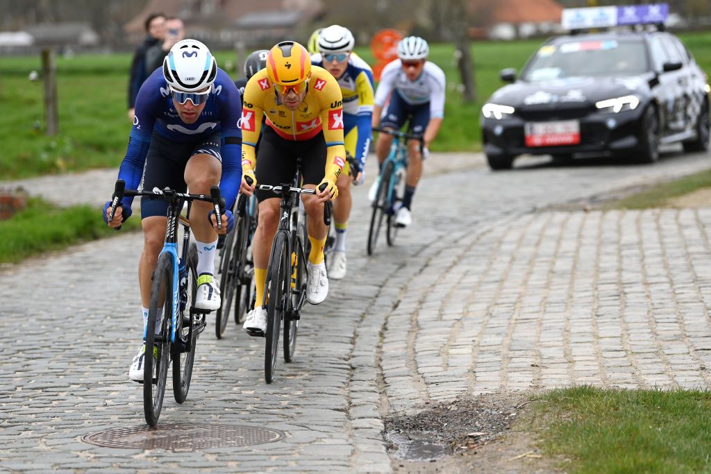 WAREGEM BELGIUM MARCH 29 LR Oier Lazkano Lopez of Spain and Movistar Team and Alexander Kristoff of Norway and UnoX Pro Cycling Team compete in the breakaway during the 77th Dwars Door Vlaanderen 2023 Mens Elite a 1837km one day race from Roeselare to Waregem DDV23 on March 29 2023 in Waregem Belgium Photo by Tim de WaeleGetty Images