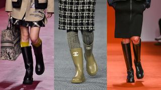 A composite of fall winter shoe trends fashion wellies on the runway