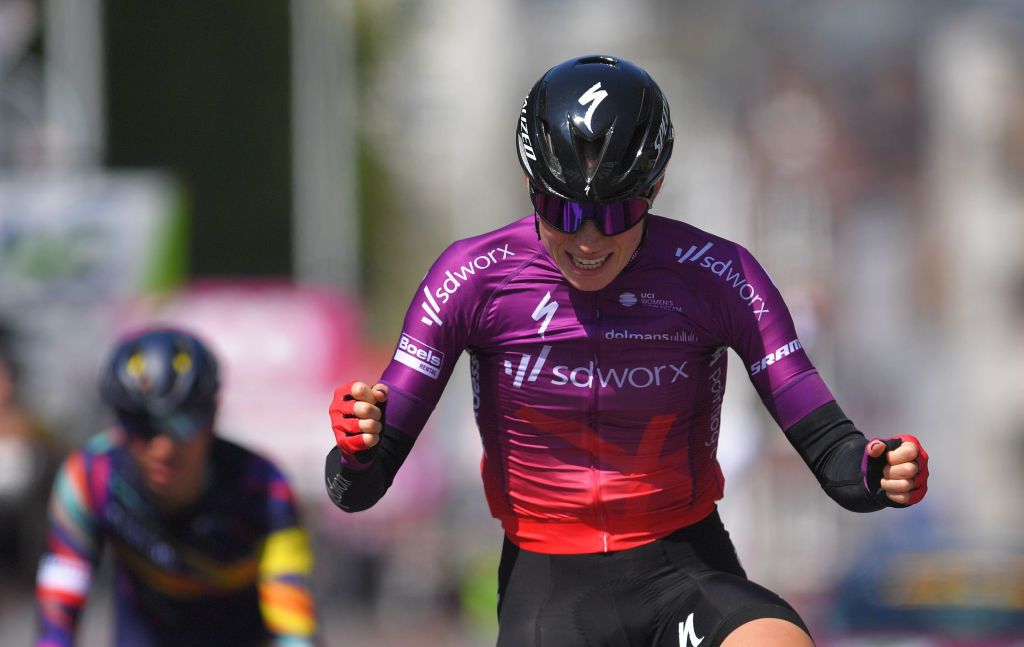 LIEGE BELGIUM APRIL 25 Demi Vollering of Netherlands and Team SD Worx celebrates at arrival during the 5th Liege Bastogne Liege 2021 Womens Elite a 1409km race from Bastogne to Lige LBLwomen LBL UCIWWT on April 25 2021 in Liege Belgium Photo by Luc ClaessenGetty Images