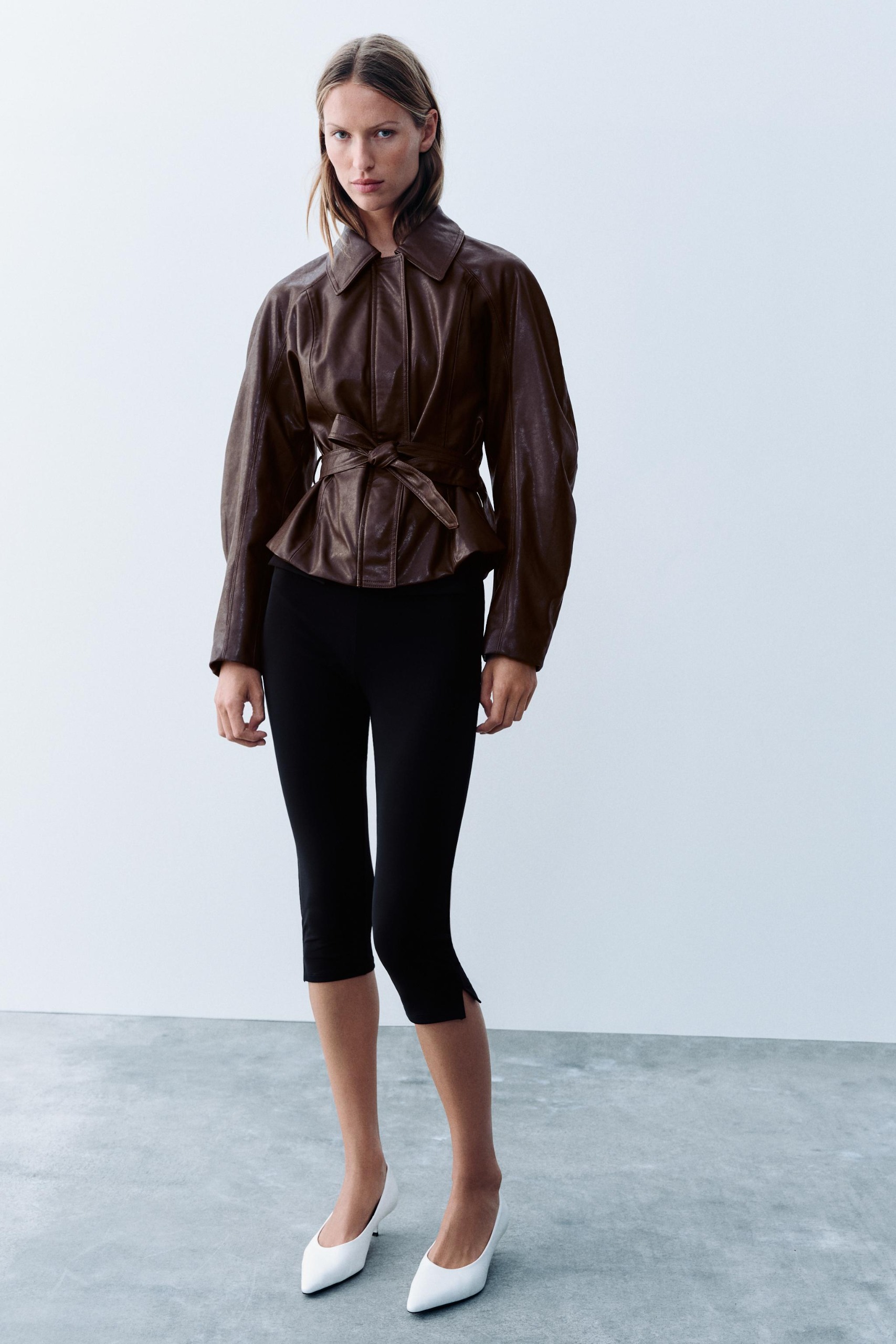 Leather-Effect Belted Jacket - Burgundy - Xs