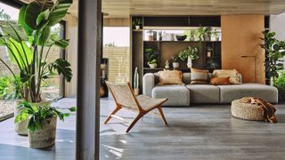 luxury vinyl tile floor in mid century modern living room