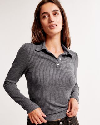 abercrombie, Long-Sleeve Wide Rib Polo Top