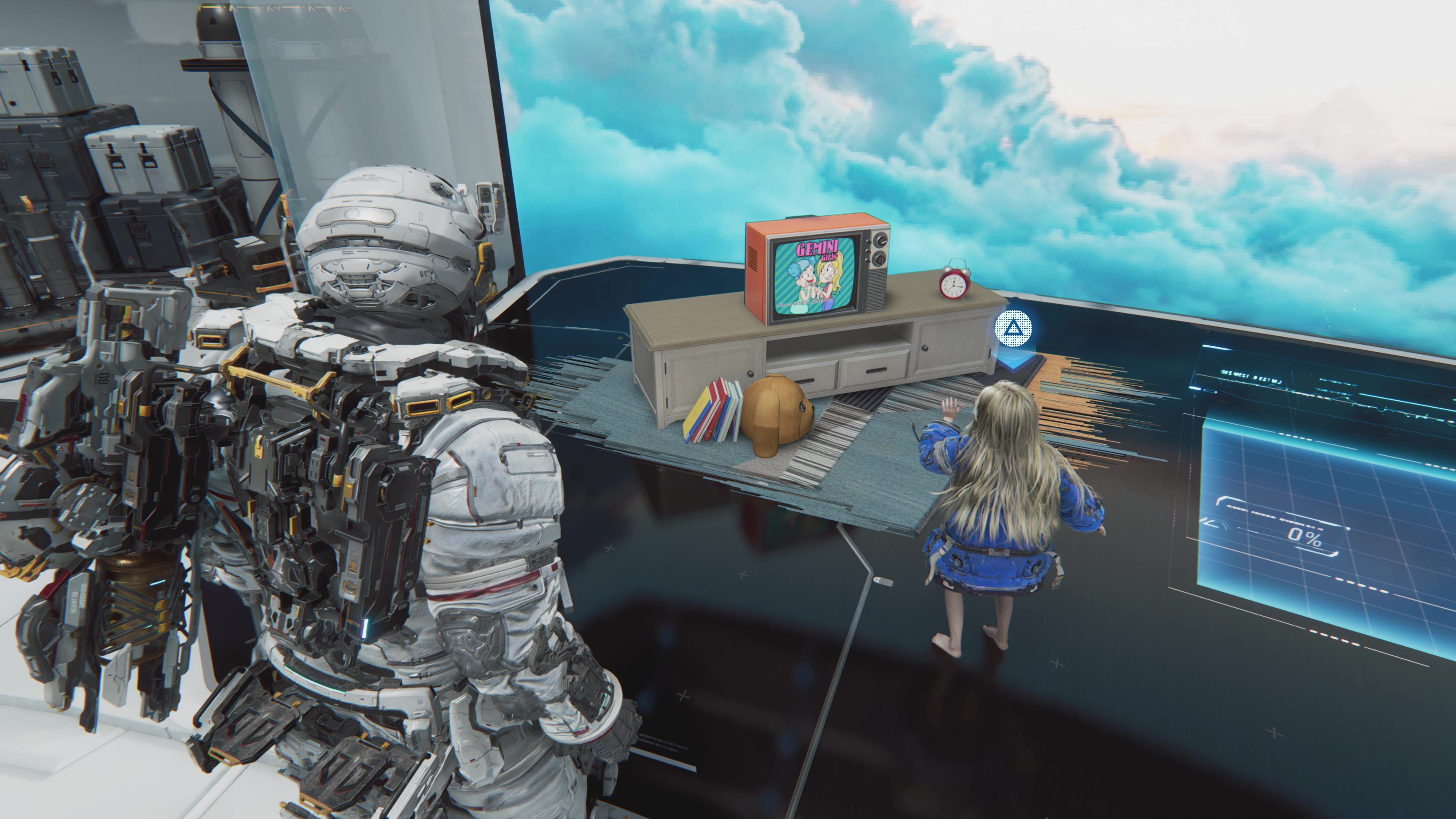 A Pragmata gameplay screenshot that shows Diana starting to play with an old-fashioned TV set.