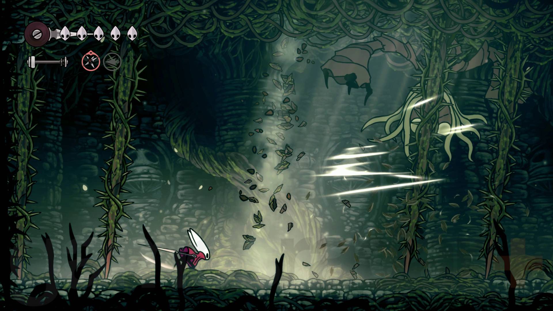 Hollow Knight Silksong Sister Splinter boss Hornet destroying thorny vines