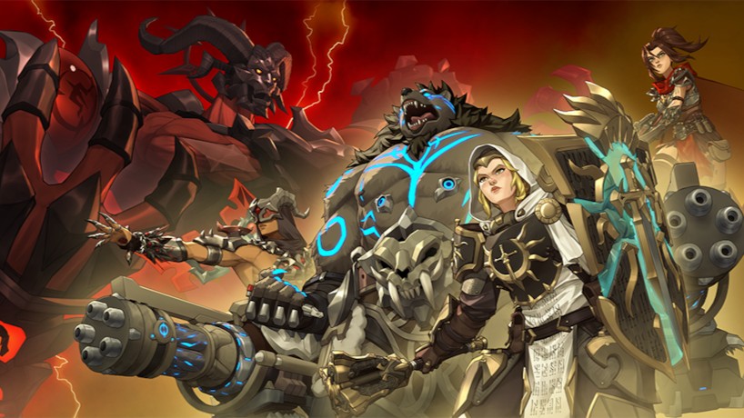 A group of armored fantasy characters stands ready for battle against a fiery background. Lightning strikes illuminate a massive demon. Dark and intense.